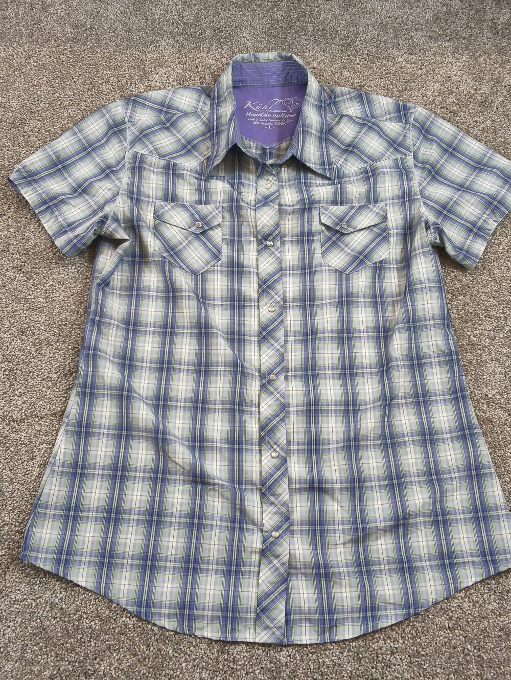 Kuhl Ionik Shirt Womens Large Purple Green Pearl Snap Plaid Western Hiking